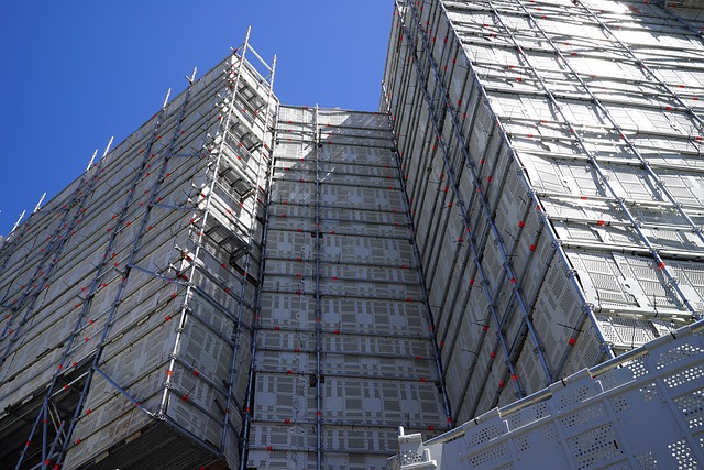 Scaffolding on a commercial building undergoing inspection and maintenance